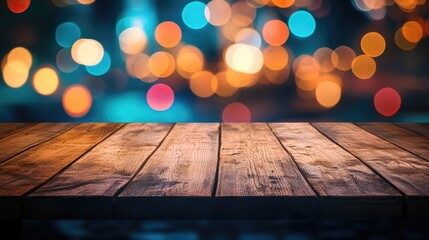 Poster - Wooden table with colorful bokeh background for design mockup