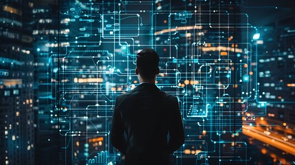 Fototapete - Silhouette of a man looking at a digital network projected onto a window, representing a modern approach to business.