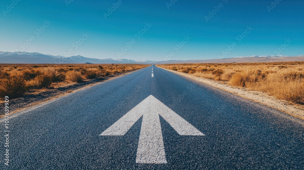 A straight asphalt road stretching into the horizon with a bold, white ...