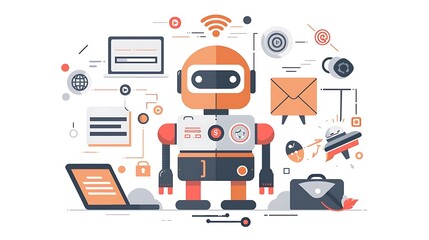 Poster - Robot surrounded by various digital icons with representing business automation for technology innovation productivity management efficiency improvement system concept.