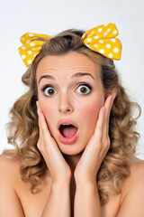 Canvas Print - A woman with a yellow bow in her hair is making a surprised face. The bow is yellow and has polka dots