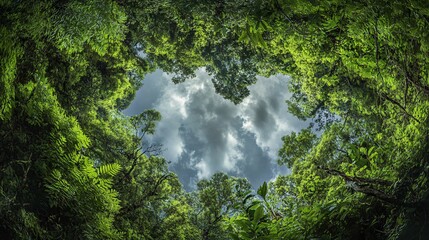 Wall Mural - looking up through a canopy of trees at a cloudy sky.