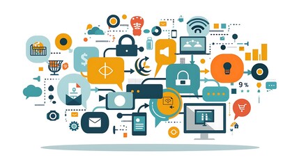 Poster - Abstract illustration depicting a digital network with interconnected icons representing various aspects of technology and communication.