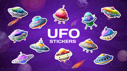 Poster - Galaxy alien UFO stickers and Martian space saucers for kids extraterrestrial adventure, vector icons. Cartoon UFO stickers of alien rocket shuttles and spaceship saucers with planets in starry galaxy