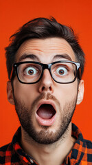 Canvas Print - A man with glasses is making a surprised face. The image has a bright orange background. The man's facial expression and the orange background create a sense of excitement and energy