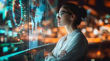 Fototapete - Woman studies large screen with complex data charts and graphs for business analysis or research in high-tech environment with focus on information processing and decision making concept.