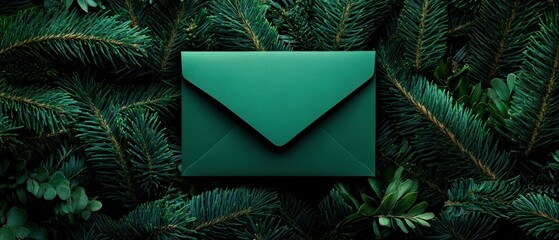 A green envelope placed on a bed of fresh pine leaves, creating a natural and inviting scene.