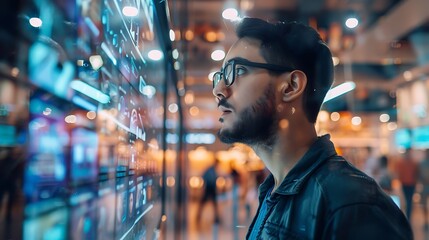 Fototapete - Man in a city setting is looking at a large futuristic digital interface screen showing various data, graphics and information.