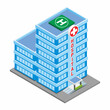 © wijas - Isometric view of a large blue hospital building with helipad on rooftop.