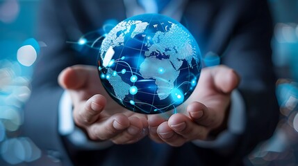 Poster - Person holds a digital globe in their hands, representing global connectivity and the interconnectedness of the world.