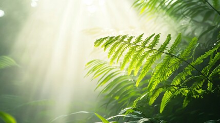 Wall Mural - lush green fern leaves in a forest with sunlight shining through the foliage.