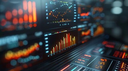 Fototapete - Digital dashboard with financial data and graphs, highlighting the technological aspect of business analytics and data visualization.