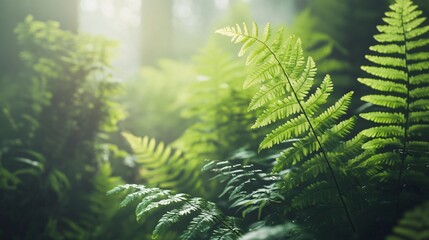 Wall Mural - lush green fern leaves with sunlight filtering through the forest canopy.