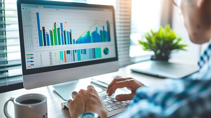 Poster - Businessman analyzing complex data on computer at desk with focused attention for business related tasks strategic planning decision making supporting productivity and office work efficiency concept.
