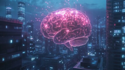 Poster - AI brain with smart city integration, powering intelligent infrastructure, transportation, and public services in future urban environments.