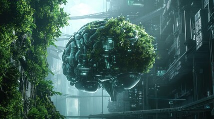 Poster - ai brain with sustainable tech components, utilizing energy-efficient systems and eco-friendly mater