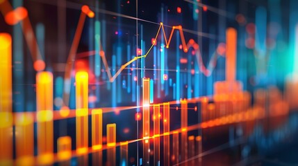 Fototapete - Close-up shot of computer screen displaying colorful financial charts and graphs for depicting data visualization and analysis in financial world concept.
