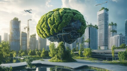 Poster - ai brain with sustainable tech components, utilizing energy-efficient systems and eco-friendly mater