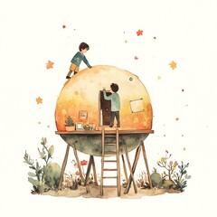 Wall Mural - Watercolor illustration of a house built into a giant orange.