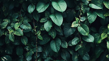 Lush green foliage background with overlapping leaves in dark moody tones.