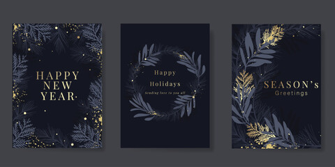 Wall Mural - luxury happy holidays invitation card design vector. elegant happy new year card with leaves branch,