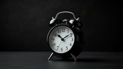 black modern alarm clock lies on black background.