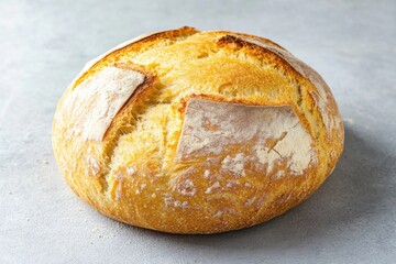 Aesthetic close-up of a beautifully baked round loaf of cornmeal bread on a simple surface