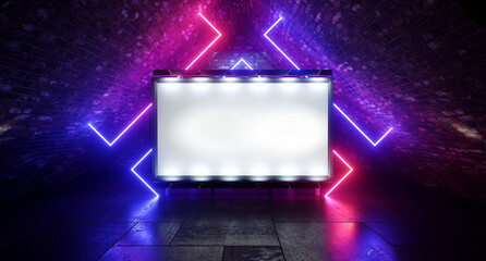 Wall Mural - Sci Fi Futuristic Mockup Cyberpunk Neon Lights Empty White Billboard Advertisement Grunge Concrete Modern Warehouse Tunnel Corridor Factory Realistic Background 3D Rendering