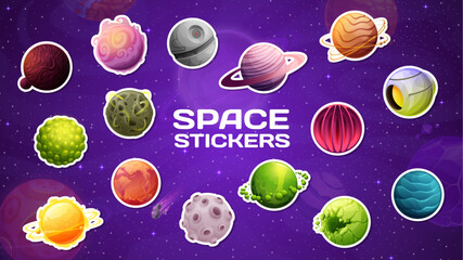 Wall Mural - Galaxy space planets stickers, cartoon alien earth in starry sky, vector icons. Space planets stickers with galactic landscape surface of lava or craters and nebula of extraterrestrial cosmic sun