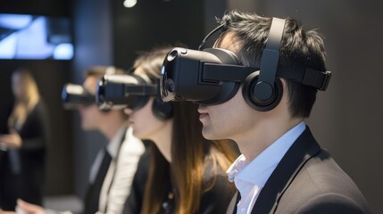 Poster - Business people in virtual reality settings A forward-thinking term emphasizing the use of VR in business, particularly for training, meetings, and presentations.