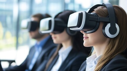 Poster - Business people in virtual reality settings A forward-thinking term emphasizing the use of VR in business, particularly for training, meetings, and presentations.