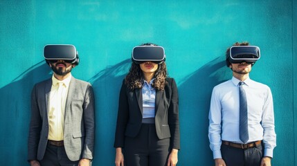 Poster - Business people in virtual reality settings A forward-thinking term emphasizing the use of VR in business, particularly for training, meetings, and presentations.