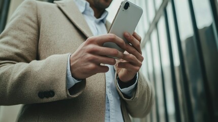 Poster - Business person using smartphone to efficiently handle emails, calls, and document reviews while on the move.
