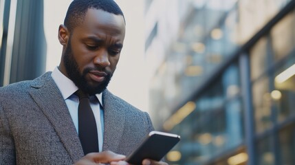 Poster - Businessman using smartphone, highlighting business professionals leveraging mobile devices to boost productivity.