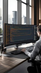 Poster - A person coding on a large monitor in a modern office setting.