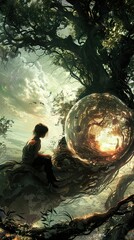 Wall Mural - A Girl Gazes Into a Mystical Orb in a Dreamlike Forest