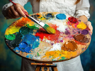 Canvas Print - A painter holding a palette filled with vibrant colors, ready to create art.