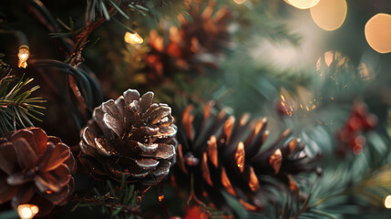 Macro shot of holiday cards styled with natural elements like pinecones and foliage