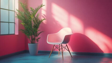 Wall Mural - Bright interior with a chair and a plant against a pink wall.