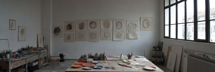 Wall Mural - A spacious art studio featuring drawings on the wall and art supplies on the table.