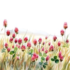 Sticker - Watercolor Painting of Pink Clover Flowers in a Field with Green Leaves