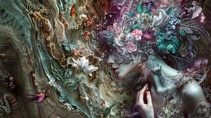 Wall Mural - A Woman Adorned in Flowers, A Surreal Digital Art Portrait