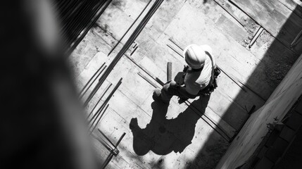 Poster - Construction worker at work, collaborating with a team to execute construction plans on time and within safety standards.