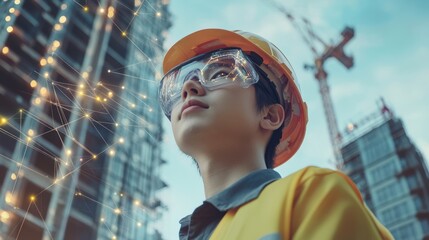 Poster - Construction worker in smart cities, involved in the development of intelligent infrastructure, using sensors and IoT technology for urban planning.