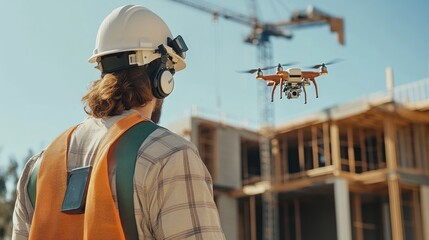 Poster - Construction worker using technology, leveraging digital tools, drones, and software for precision and efficiency on the job.