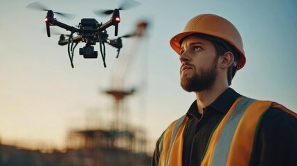 Poster - Construction worker using technology, leveraging digital tools, drones, and software for precision and efficiency on the job.