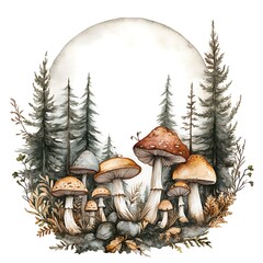 Wall Mural - Watercolor Illustration of Mushrooms in a Forest Setting.