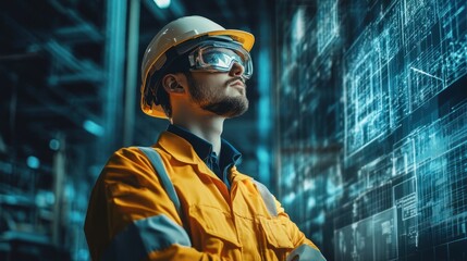 Poster - Construction worker with advanced tools, utilizing state-of-the-art equipment for increased accuracy, productivity, and safety.