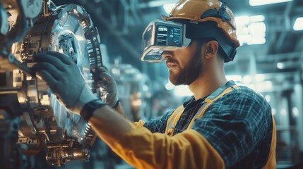 Poster - construction worker with advanced tools, utilizing state-of-the-art equipment for increased accuracy