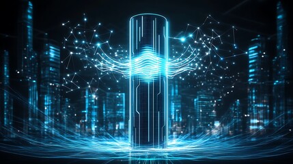 Poster - A glowing blue server tower stands tall in a futuristic city, showcasing the power of technology and connectivity.